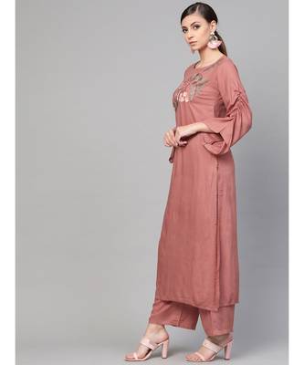 Rose Gold Embroided Straight Kurta With Palazzo Pants 3