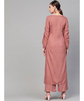 Rose Gold Embroided Straight Kurta With Palazzo Pants 4