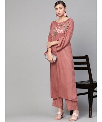 Rose Gold Embroided Straight Kurta With Palazzo Pants 5