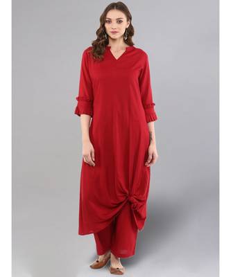 Maroon Knotted A-line Kurta With Palazzo Pants 1