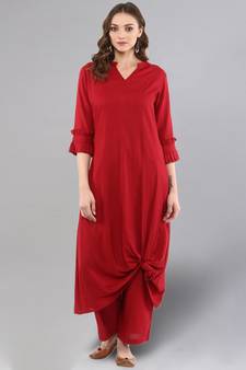 Maroon Knotted A-line Kurta With Palazzo Pants