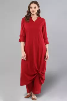 Maroon Knotted A-line Kurta With Palazzo Pants