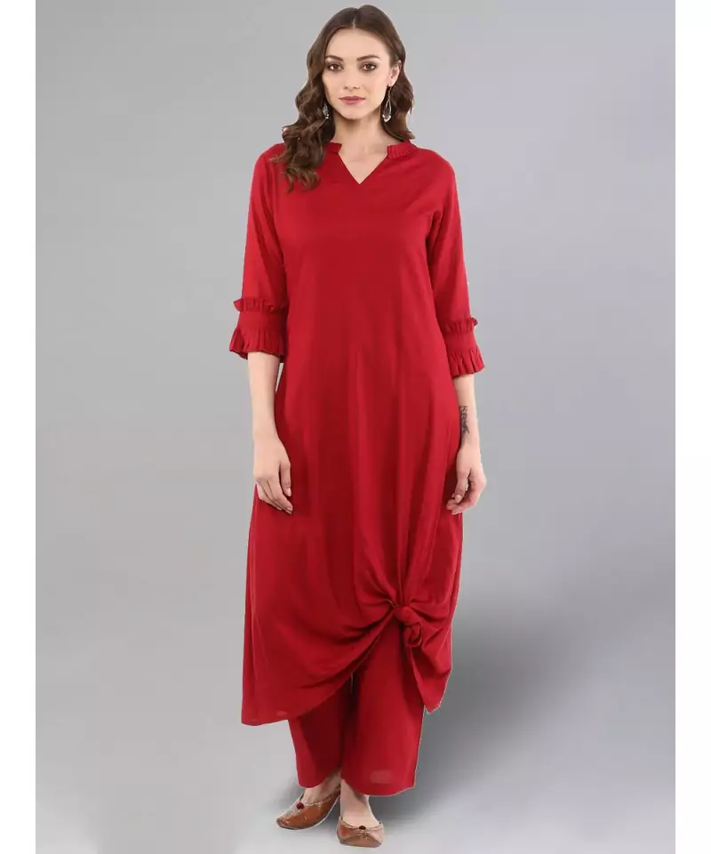 Maroon Knotted A-line Kurta With Palazzo Pants
