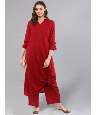 Maroon Knotted A-line Kurta With Palazzo Pants 2
