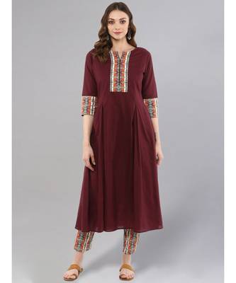 Wine Flared Kurta With Printed Pants 1