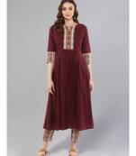 Wine Flared Kurta With Printed Pants