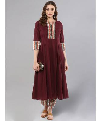 Wine Flared Kurta With Printed Pants 2