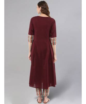 Wine Flared Kurta With Printed Pants 3