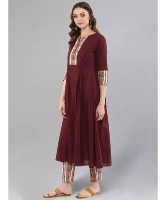 Wine Flared Kurta With Printed Pants 4