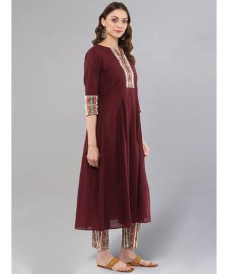 Wine Flared Kurta With Printed Pants 5