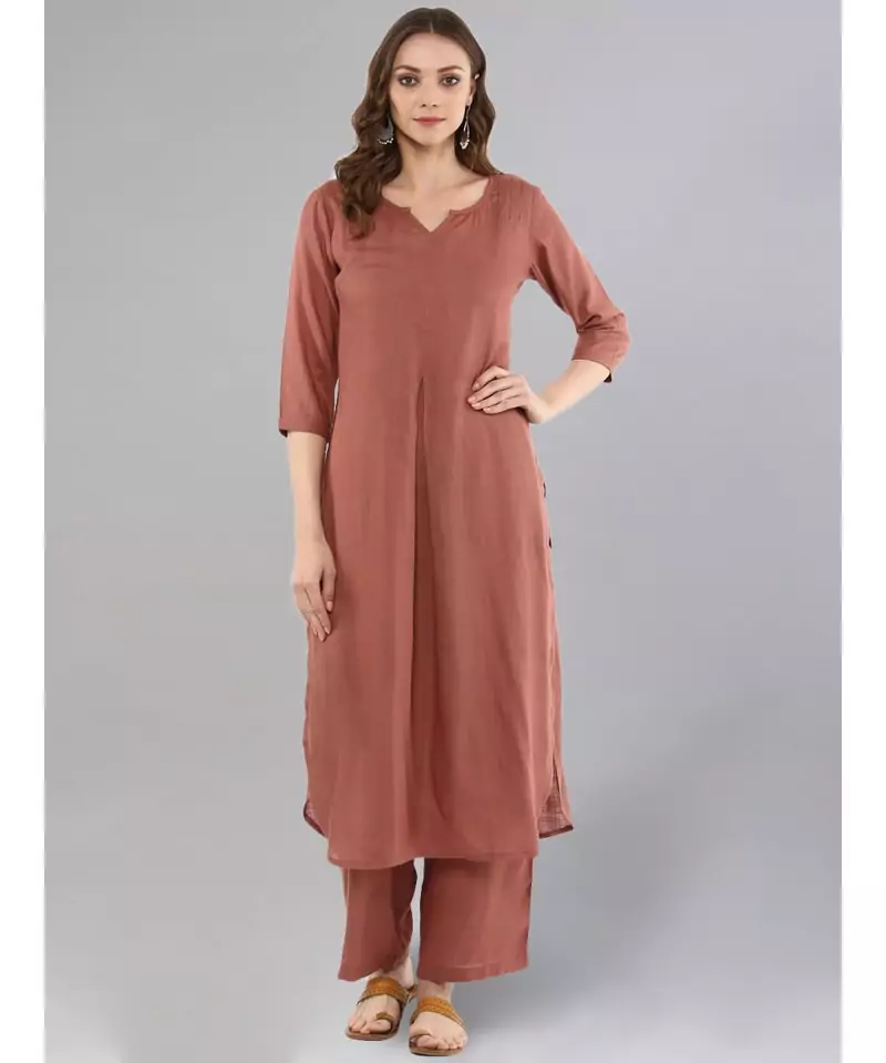 Rose Gold Straight Solid Kurta With Palazzo Pants