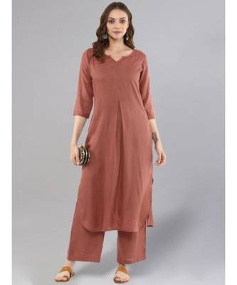 Rose Gold Straight Solid Kurta With Palazzo Pants 2