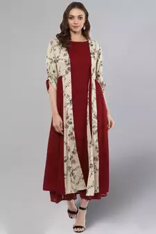 Maroon Layered Kurta With Printed Upper