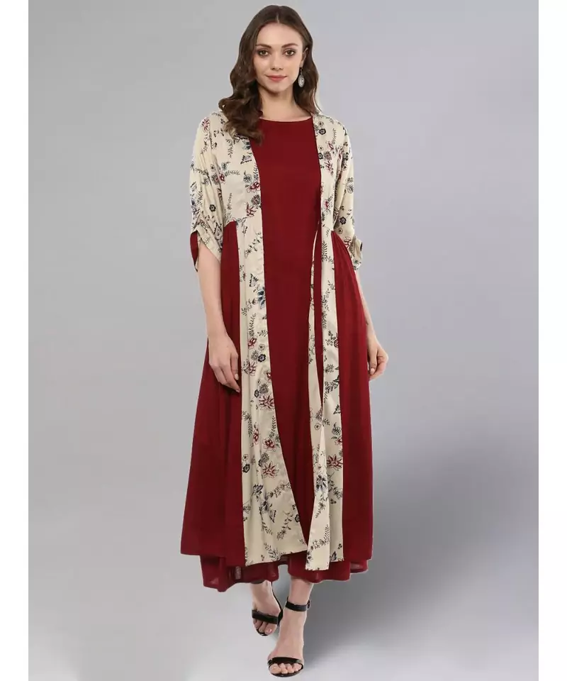 Maroon Layered Kurta With Printed Upper