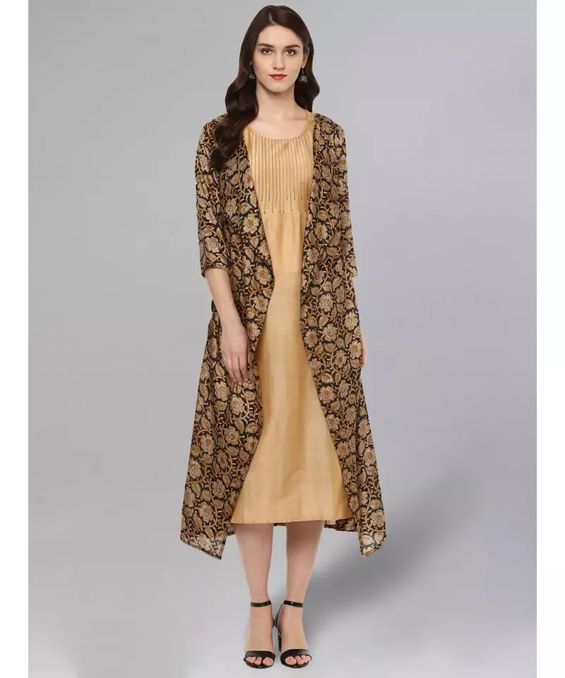 Solid Kurta With Printed Jacket