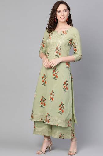 Sage Green Printed Cotton Kurta Set