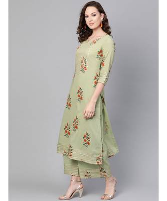 Sage Green Printed Cotton Kurta Set 3