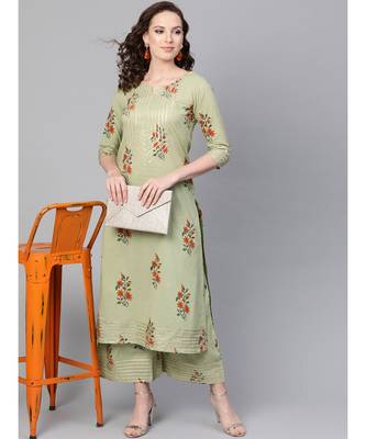 Sage Green Printed Cotton Kurta Set 5