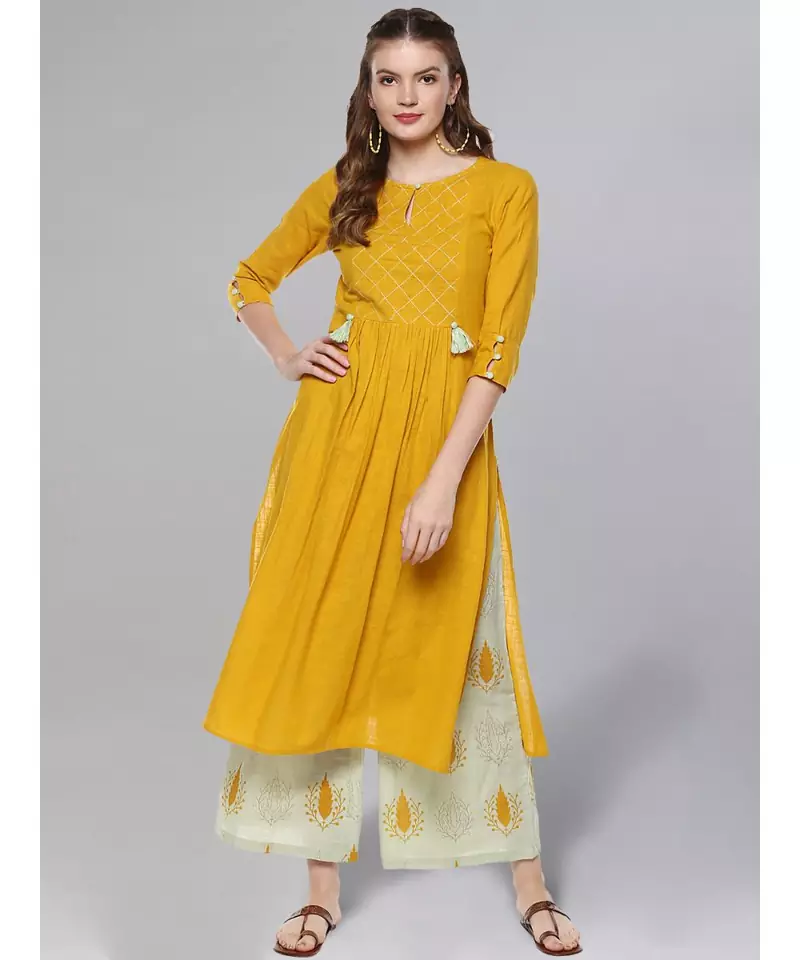 Mustard And Sage Green Kurta Set
