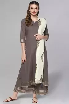 Grey Kurta Set With Printed Dupatta