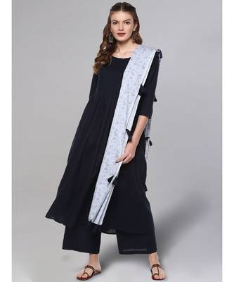 Navy Blue Kurta Set With Printed Dupatta 1