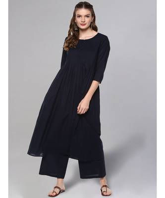 Navy Blue Kurta Set With Printed Dupatta 2