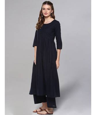 Navy Blue Kurta Set With Printed Dupatta 4