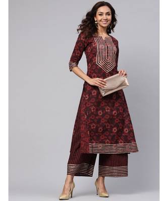 Maroon Printed Cotton Kurta Set 1