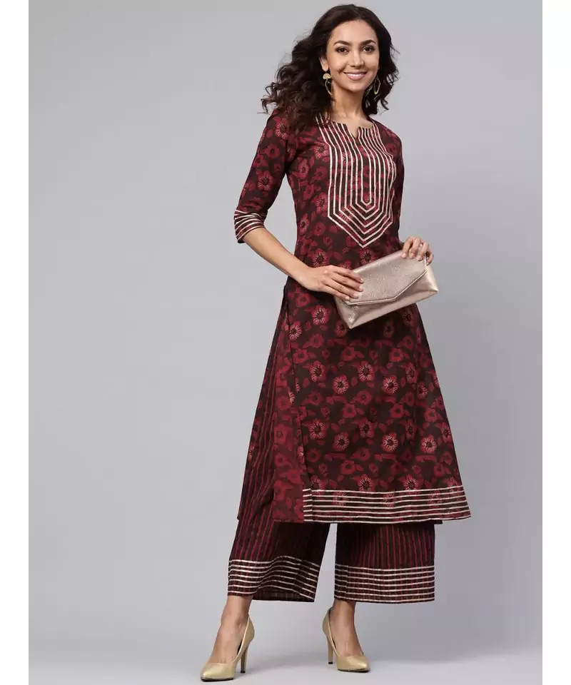 Maroon Printed Cotton Kurta Set