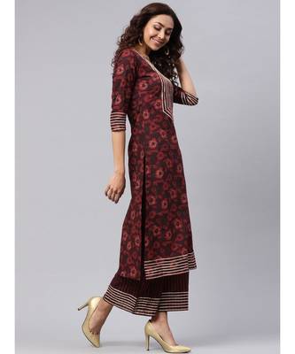 Maroon Printed Cotton Kurta Set 5