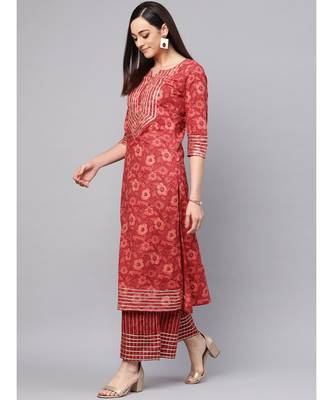 Orange Printed Cotton Kurta Set 4