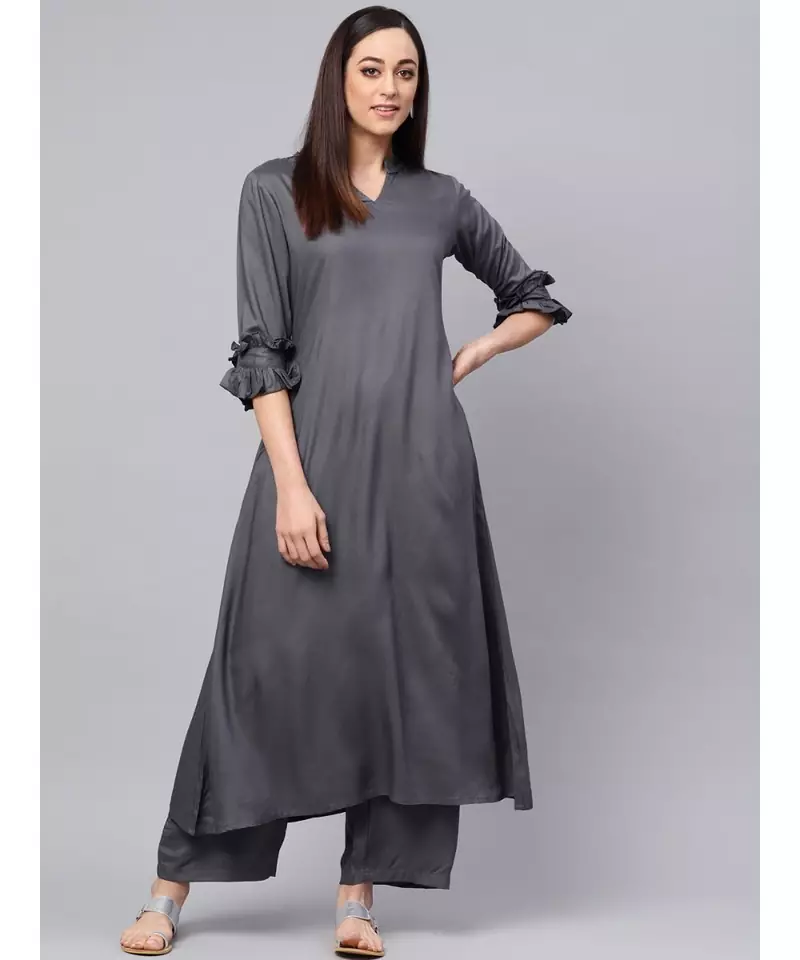 Grey A-line Kurta With Palazzo Pants