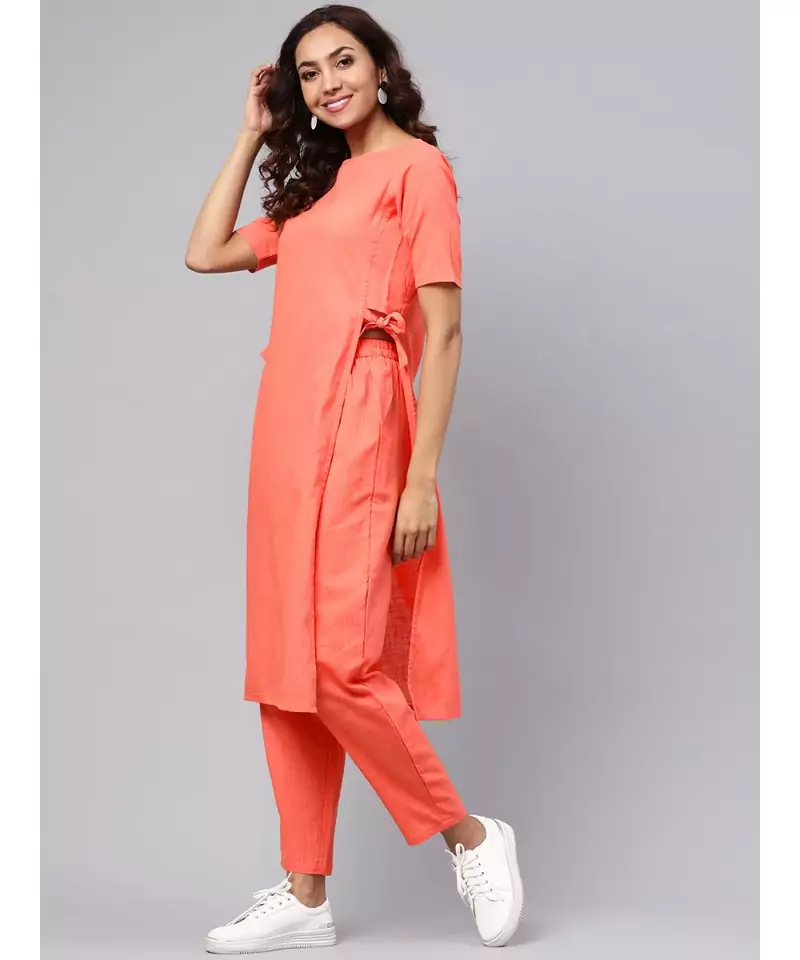 Peach Straight Kurta With Pants