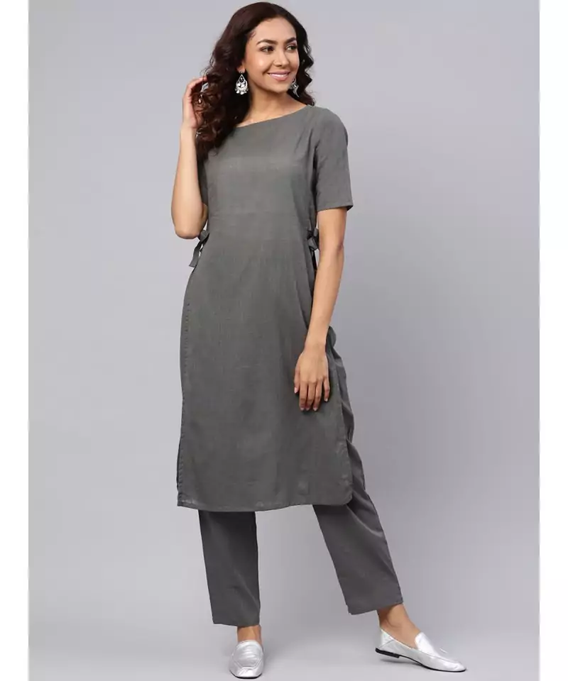 Grey Straight Kurta With Pants