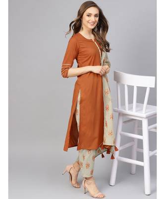 Rust Kurta With Printed Pants And Dupatta 1