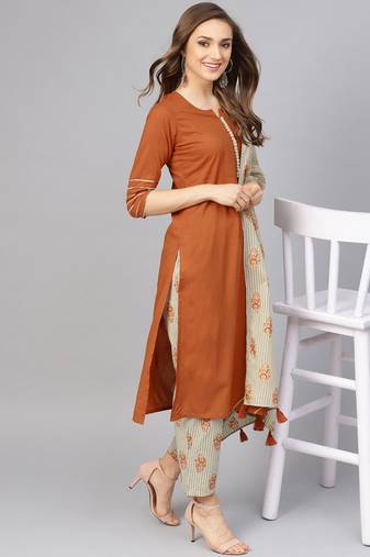 Rust Kurta With Printed Pants And Dupatta