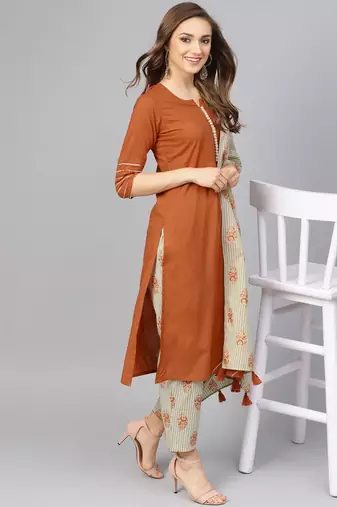 Rust Kurta With Printed Pants And Dupatta