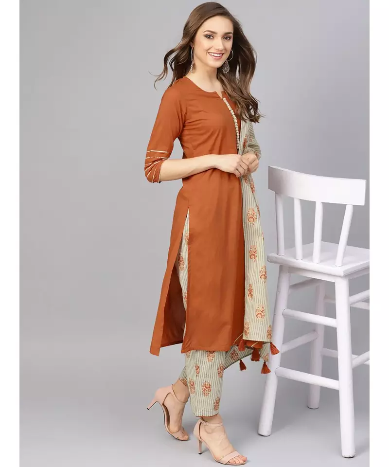 Rust Kurta With Printed Pants And Dupatta