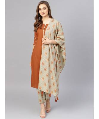 Rust Kurta With Printed Pants And Dupatta 5