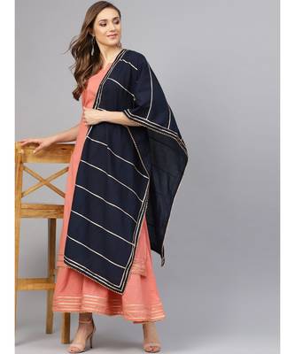 Salmon Kurta Set With Navy Blue Dupatta 1