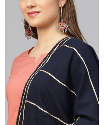 Salmon Kurta Set With Navy Blue Dupatta 2