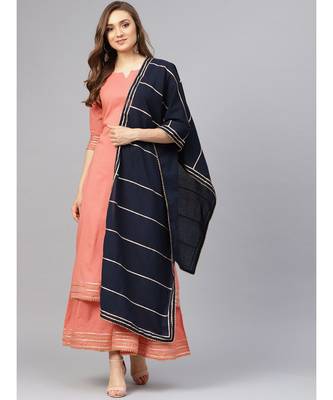 Salmon Kurta Set With Navy Blue Dupatta 5