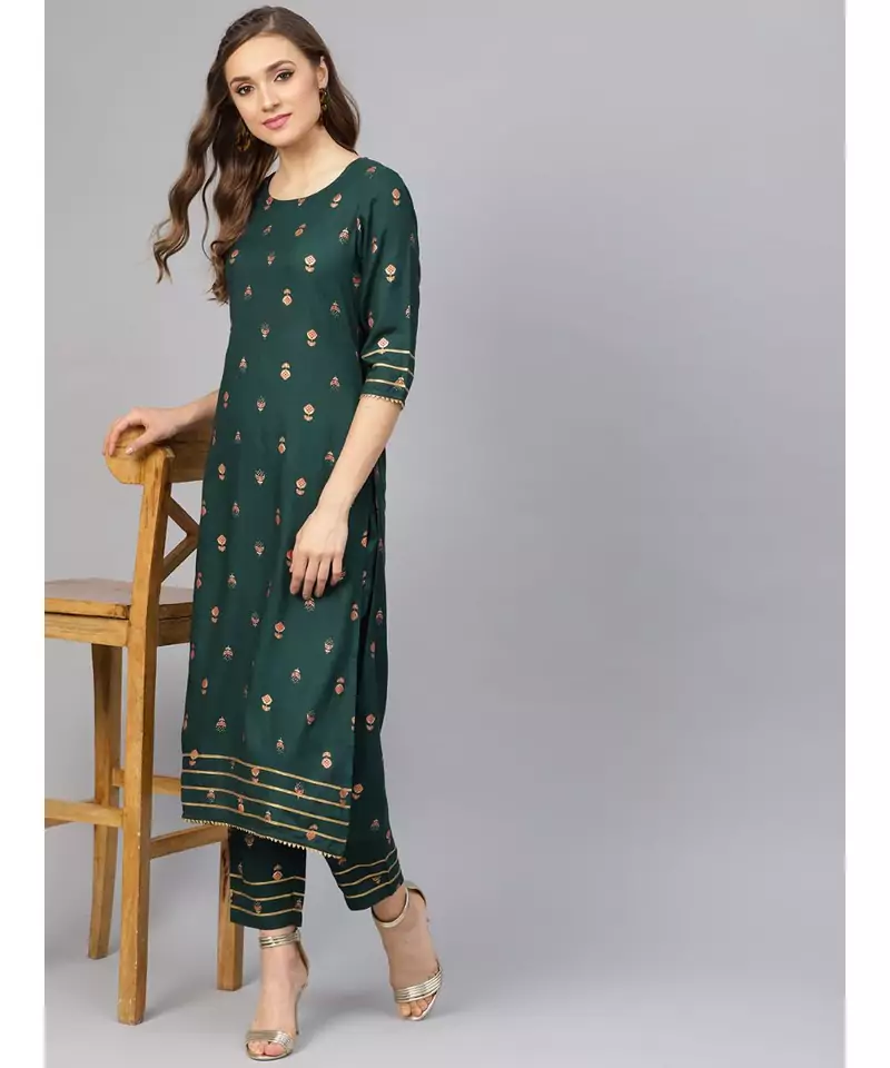 Dark Green Gold Print Kurta With Pants