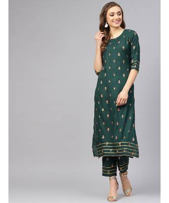 Dark Green Gold Print Kurta With Pants 4