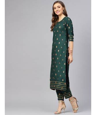 Dark Green Gold Print Kurta With Pants 5