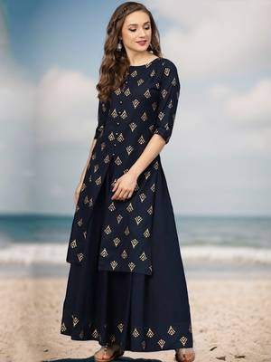 Printed Kurta With Navy Blue Skirt 1