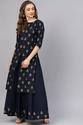 Printed Kurta With Navy Blue Skirt