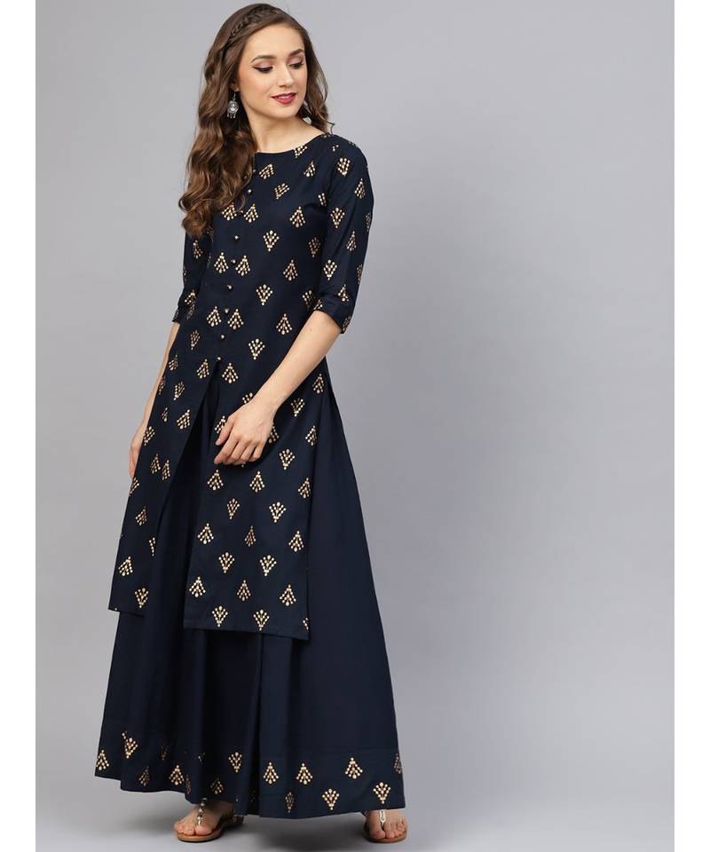 Printed Kurta With Navy Blue Skirt
