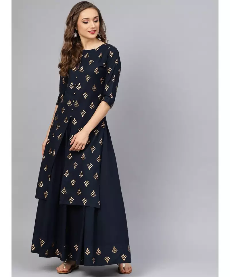 Printed Kurta With Navy Blue Skirt