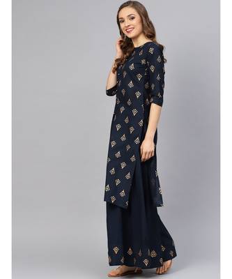 Printed Kurta With Navy Blue Skirt 4